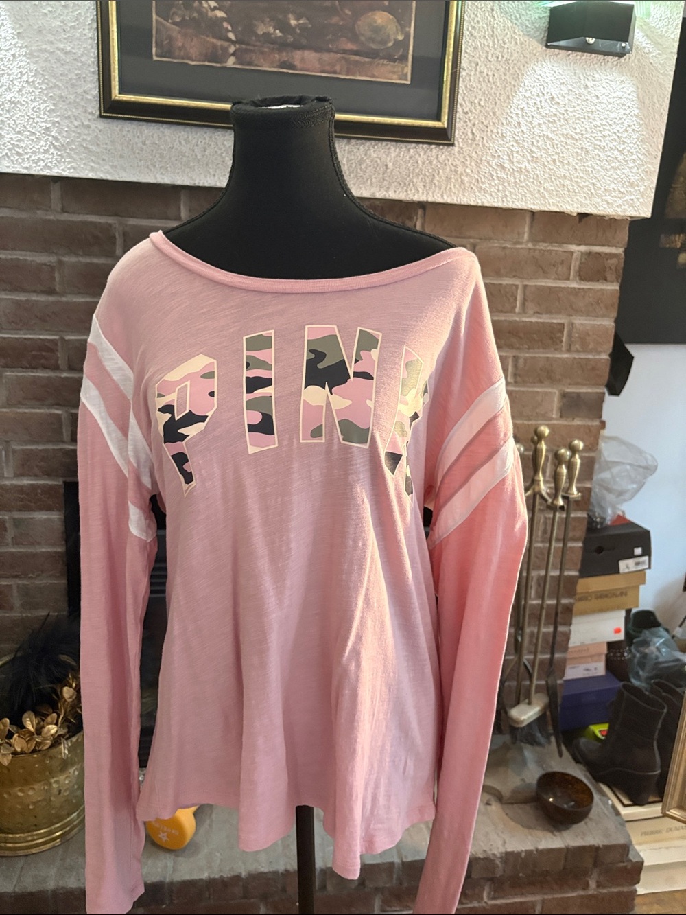 PINK Victoria's Secret Light Pink Long Sleeve Tee with Camo Logo
